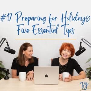 Two women smiling with coffee and a laptop, discussing holiday prep tips.