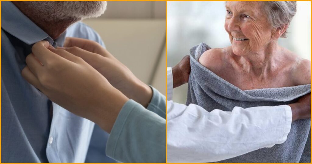 A young child holding a doll while an elderly woman smiles.