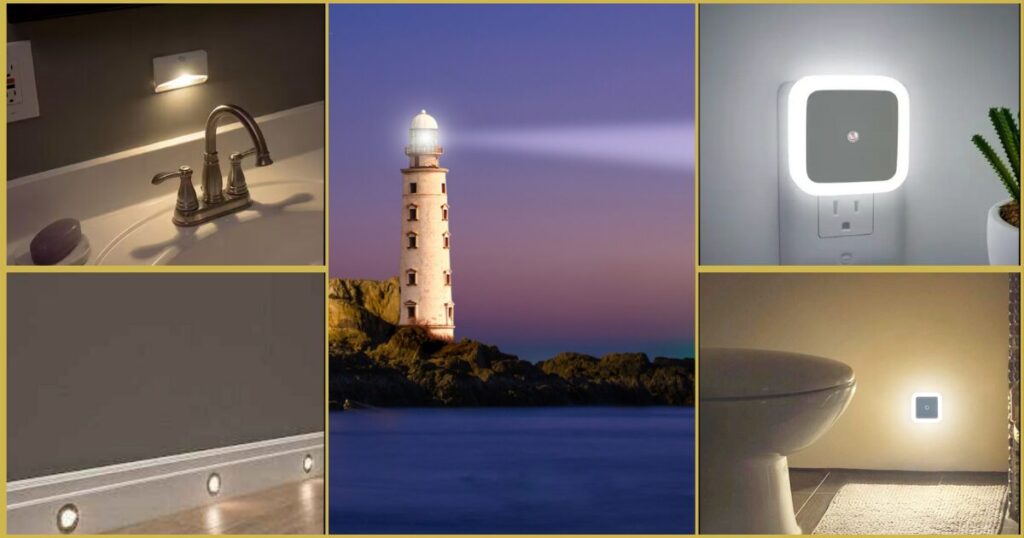 A bright lighthouse shining its light over calm waters at dusk.