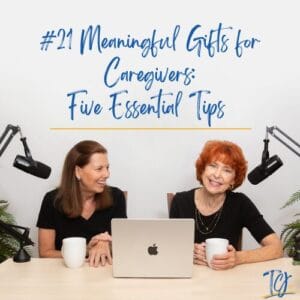 Two women discussing meaningful gifts for caregivers with a laptop and coffee cups.