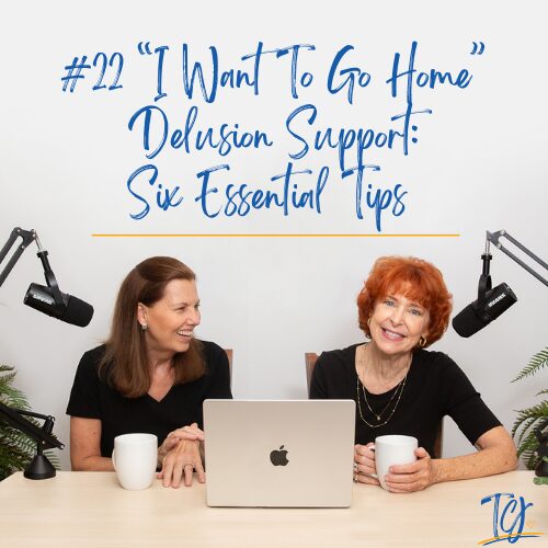 Two women smiling with coffee cups, discussing "I Want To Go Home" delusion support tips.