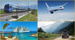 Four scenic travel images showing a train, airplane, cruise ship, and mountain landscape.