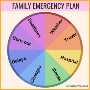 A pie chart showing causes of family emergencies like deadlines and weather.