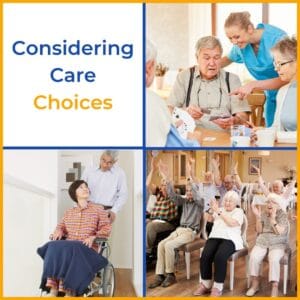 Elderly care and support choices depicted in various settings.