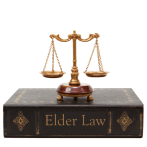 A golden balance scale on a large book titled 'Elder Law'.