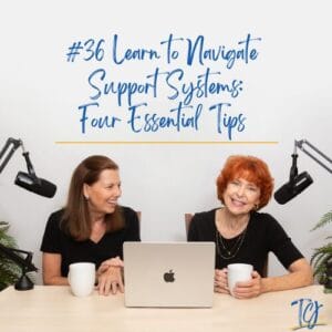 Two women discussing support systems with a laptop and coffee.