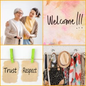 Collage showing welcome, trust, respect, and fashion elements.