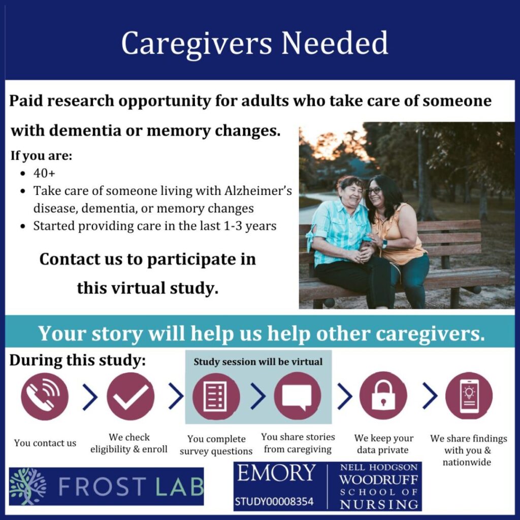 Flyer seeking caregivers for virtual study on dementia care.