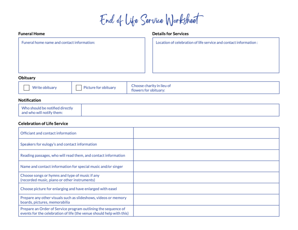 End of Life Service Worksheet form for recording preferences and information.