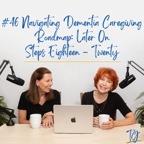 Two women recording a podcast about navigating dementia caregiving challenges.